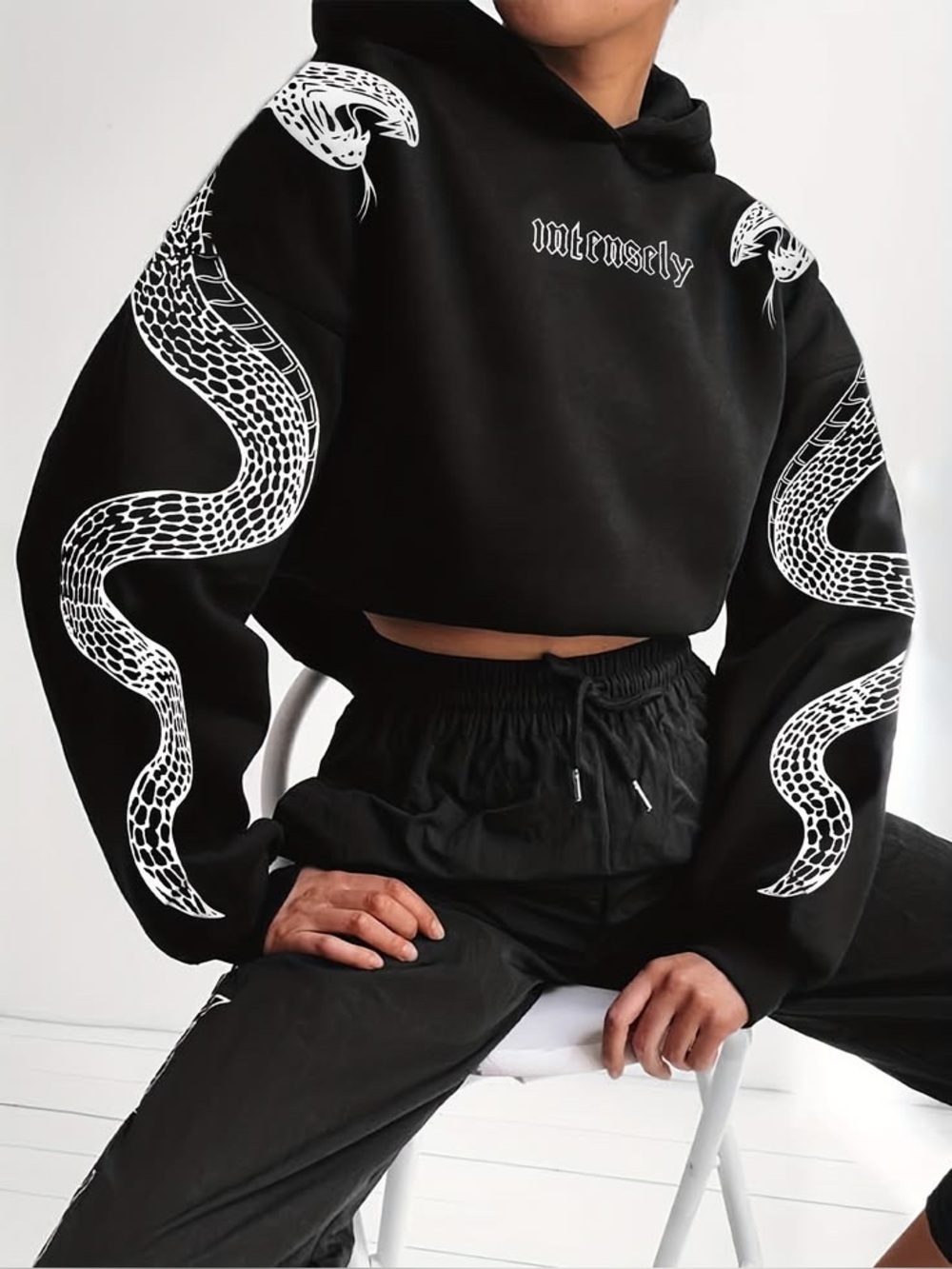 Womens Black Cropped Hoodie Sweater with White Snake Graphic - XL